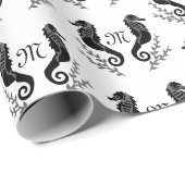 Monogram zwart Seahorse Silhouette Cadeaupapier (Rol Hoek)