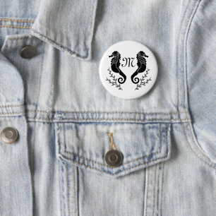 Monogram zwart Seahorse Silhouette Ronde Button 5,7 Cm