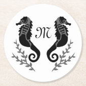 Monogram zwart Seahorse Silhouette Ronde Kartonnen Onderzetter (Voorkant)