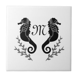 Monogram zwart Seahorse Silhouette Tegeltje