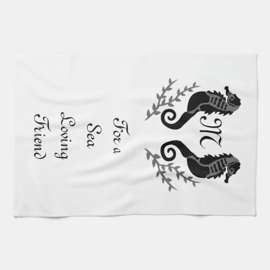 Monogram zwart Seahorse Silhouette Theedoek (Horizontaal)