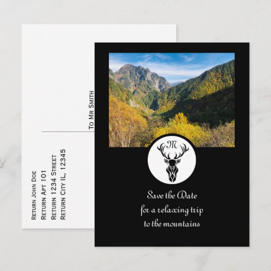 Monogram zwart Stag Silhouette Uitnodiging Briefkaart (Voorkant / Achterkant)