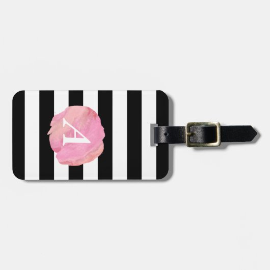 Monogram zwart Stripe & Roze Waterverf Initiaal Bagagelabel (Voorkant horizontaal)