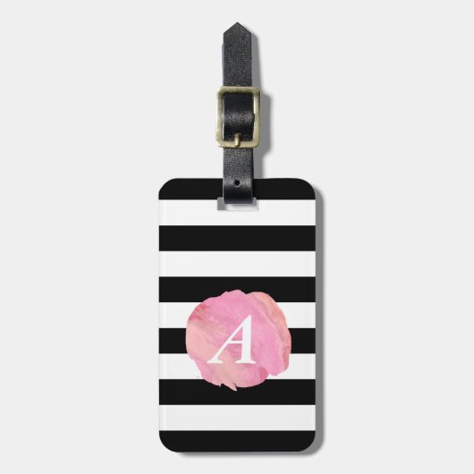 Monogram zwart Stripe & Roze Waterverf Initiaal Bagagelabel (Voorkant verticaal)