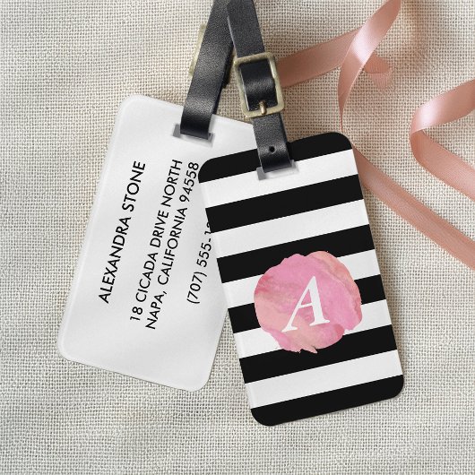 Monogram zwart Stripe & Roze Waterverf Initiaal Bagagelabel