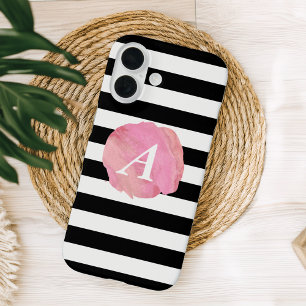 Monogram zwart Stripe & Roze Waterverf Initiaal iPhone 16 Hoesje