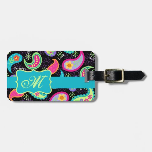 Monogram zwart Turquoise Modern Paisley Pattern Bagagelabel (Voorkant horizontaal)