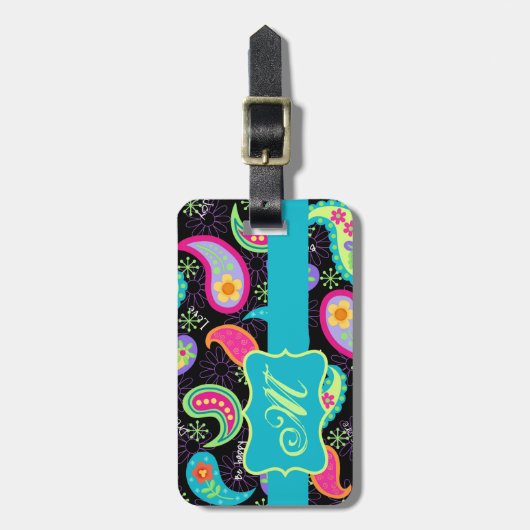 Monogram zwart Turquoise Modern Paisley Pattern Bagagelabel (Voorkant verticaal)