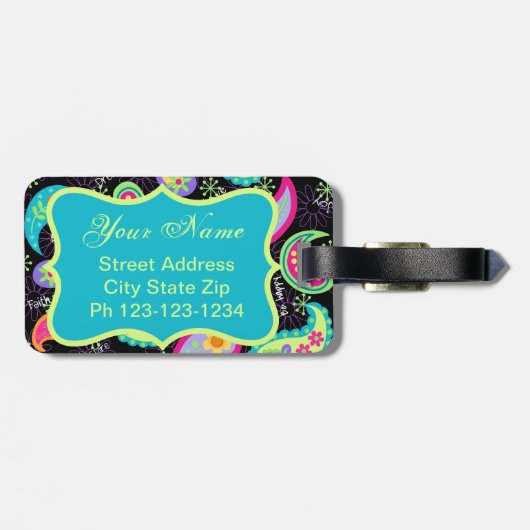 Monogram zwart Turquoise Modern Paisley Pattern Bagagelabel (Achterkant horizontaal)