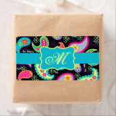 Monogram zwart Turquoise Modern Paisley Pattern Etiket (Insitu)