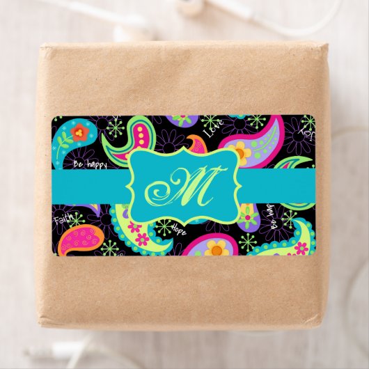 Monogram zwart Turquoise Modern Paisley Pattern Etiket (Insitu)