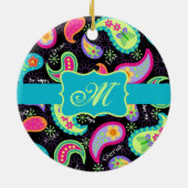 Monogram zwart Turquoise Modern Paisley Pattern Keramisch Ornament (Achterkant)