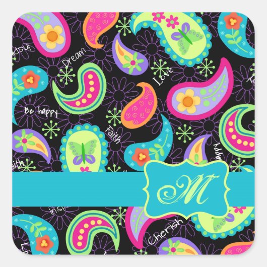 Monogram zwart Turquoise Modern Paisley Pattern Vierkante Sticker (Voorkant)