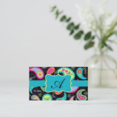 Monogram zwart Turquoise Modern Paisley Pattern Visitekaartje (Staand voorkant)