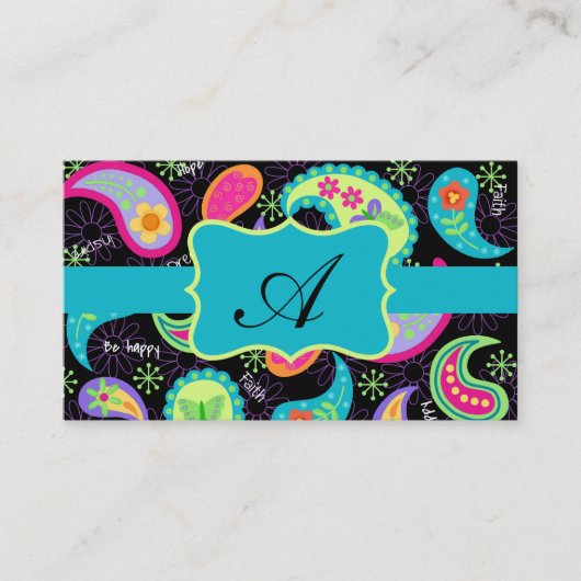Monogram zwart Turquoise Modern Paisley Pattern Visitekaartje (Voorkant)