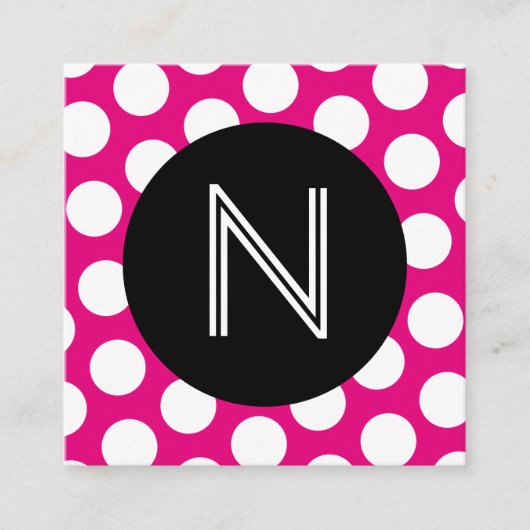 Monogram zwart warm roze en wit poka-puntje vierkante visitekaartje (Voorkant)