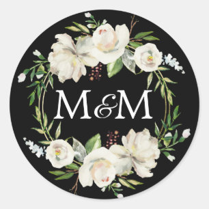 Monogram Zwart Waterverf Wit Bloemen Bruiloft Ronde Sticker