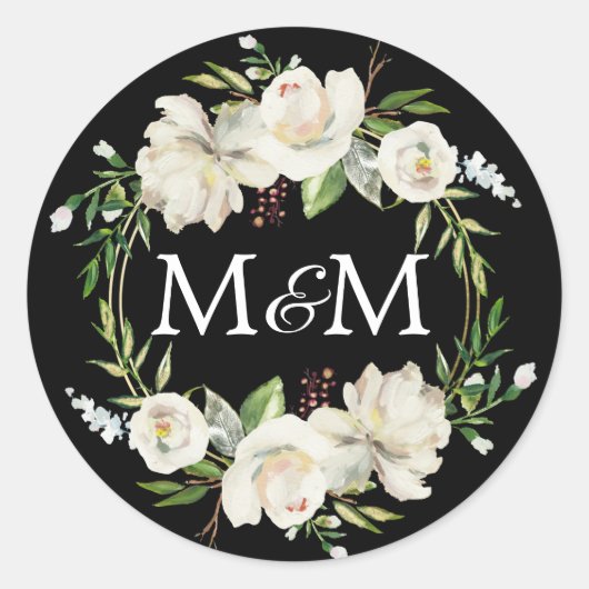 Monogram Zwart Waterverf Wit Bloemen Bruiloft Ronde Sticker (Voorkant)