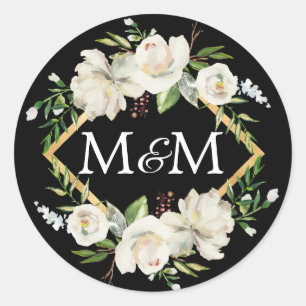 Monogram Zwart Waterverf Wit Bloemen Bruiloft Ronde Sticker