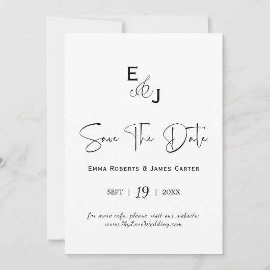 Monogram Zwart & Wit Bewaar de Datum Save The Date (Voorkant)
