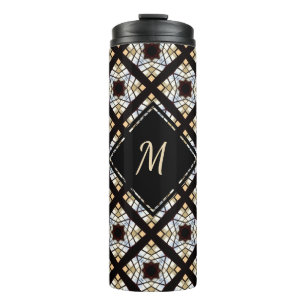 Monogram zwart wit blauw geometrisch patroon thermosbeker
