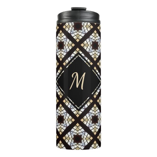 Monogram zwart wit blauw geometrisch patroon thermosbeker (Voorkant)