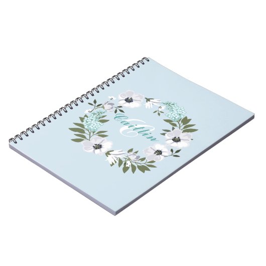 Monogram zwart, wit & Blauwgroen bloemontwerp Notitieboek (Linkerzijde)