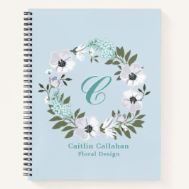 Monogram zwart, wit & Blauwgroen bloemontwerp Notitieboek