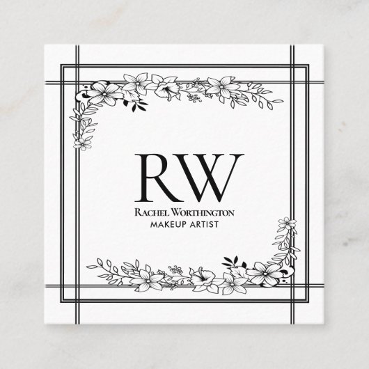 Monogram zwart-wit bloem vierkante visitekaartje (Voorkant)