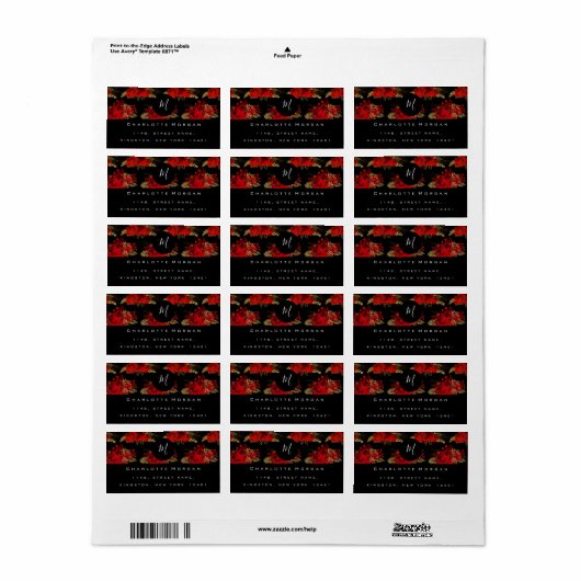 Monogram Zwart Wit Bloemen Goud Rozen Leaf RSVP Etiket (Full Sheet)