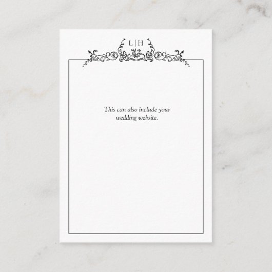 Monogram Zwart Wit Bloemen Rand Bruiloft Details Informatiekaartje (Achterkant)