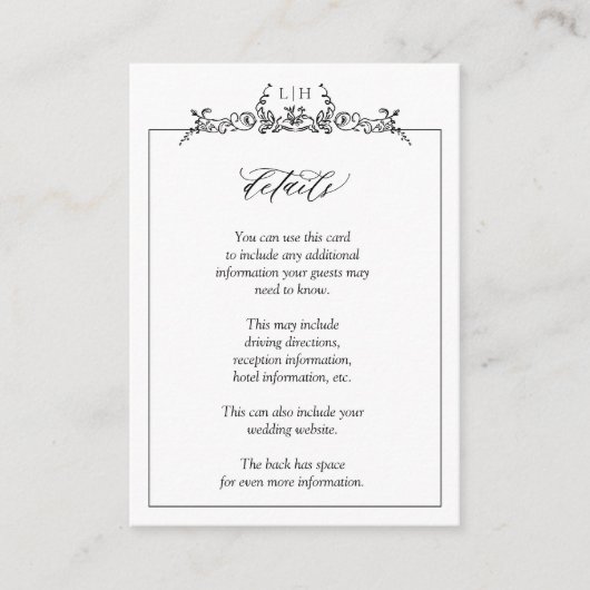 Monogram Zwart Wit Bloemen Rand Bruiloft Details Informatiekaartje (Voorkant)