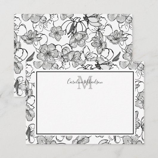 Monogram Zwart-Wit Bloempatroon Bedankkaart (Voorkant / Achterkant)