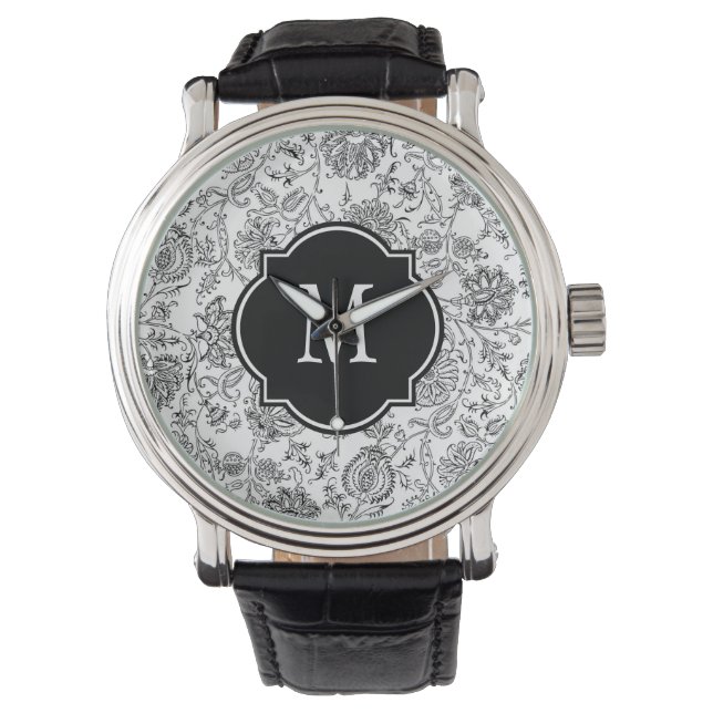 Monogram zwart-wit bloempatroon horloge (Voorkant)