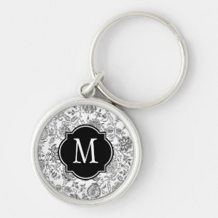 Monogram zwart-wit bloempatroon sleutelhanger