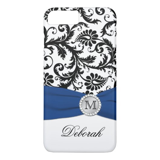 Monogram zwart, wit, Blue Damask iPhone 7 Hoesje (Achterkant)