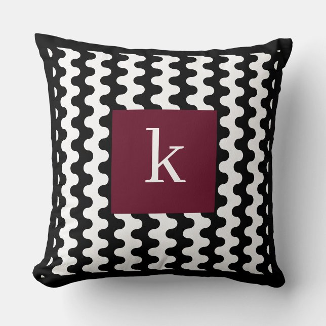 Monogram zwart wit bordeauxrood vet golvend patroo kussen (Creator heeft geüpload)