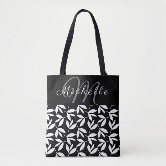 Monogram zwart-wit botanisch patroon tote bag (Voorkant)