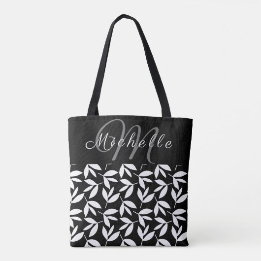 Monogram zwart-wit botanisch patroon tote bag (Achterkant)