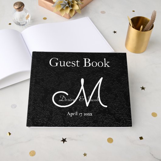 Monogram zwart-wit bruiloftsreceptie gastenboek (Voorkant open)