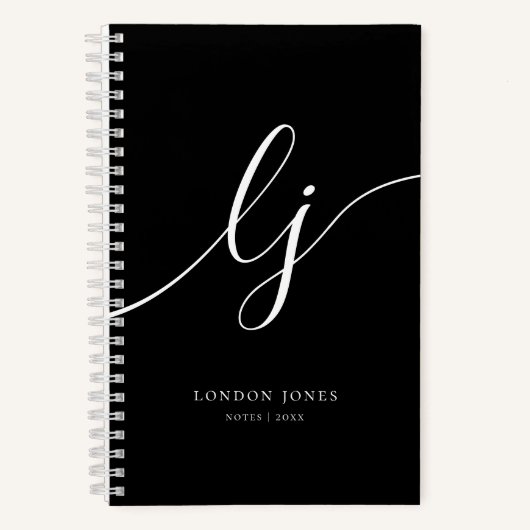 Monogram Zwart Wit Calligrafie Schrift 2 Initialen Notitieboek (Voorkant)