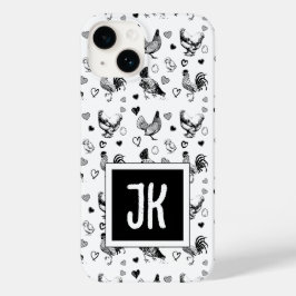 Monogram Zwart-wit Cartoon Kippen Case-Mate iPhone 14 Hoesje