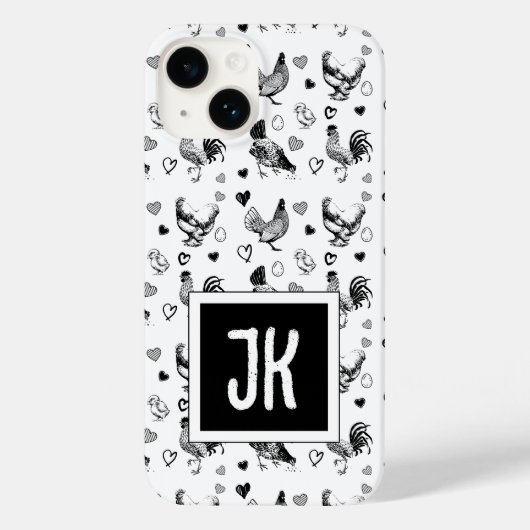 Monogram Zwart-wit Cartoon Kippen Case-Mate iPhone Case (Achterkant)