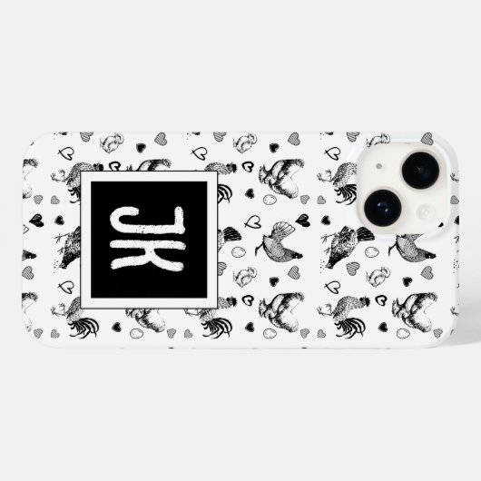 Monogram Zwart-wit Cartoon Kippen Case-Mate iPhone Case (Achterkant (horizontaal))