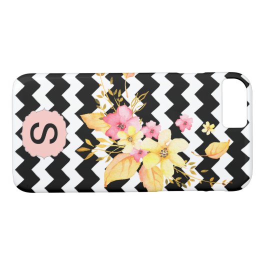 Monogram zwart-wit Chevron Floral Case-Mate iPhone Case (Achterkant (Horizontaal))