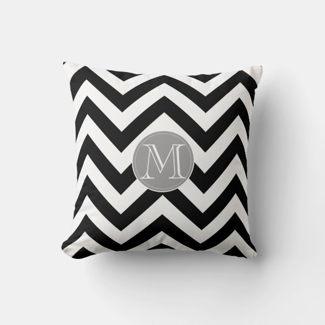 Monogram zwart-wit Chevron Pattern Kussen (Voorkant)