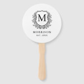 Monogram Zwart Wit Crest Botanische Huwelijk Handwaaier (Achterkant)