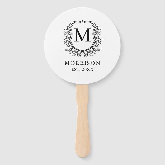 Monogram Zwart Wit Crest Botanische Huwelijk Handwaaier (Achterkant)