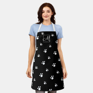 Monogram zwart-wit Cute Dog Paw Print Pattern Schort