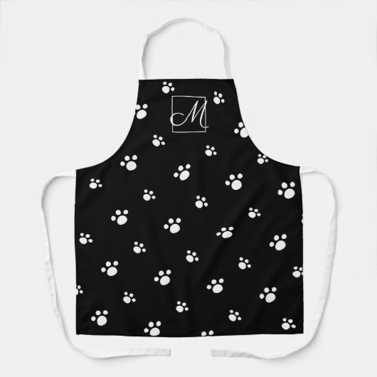 Monogram zwart-wit Cute Dog Paw Print Pattern Schort (Voorkant)